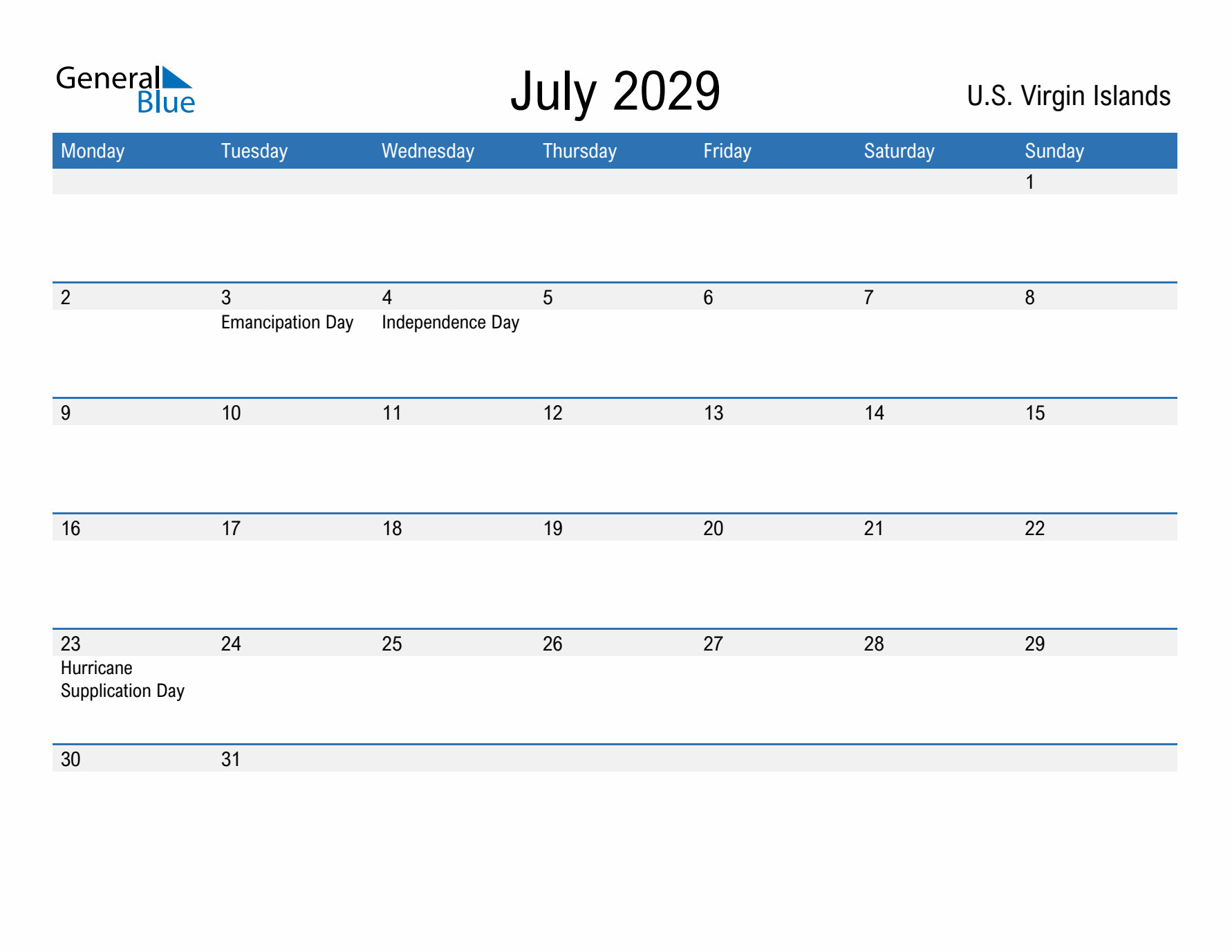 Fillable July 2029 Calendar