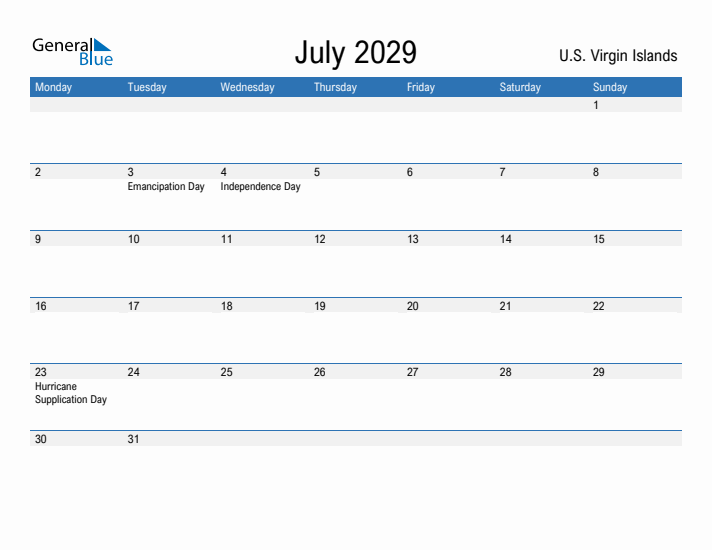 Fillable July 2029 Calendar