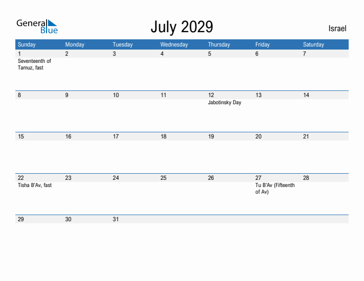 Fillable July 2029 Calendar