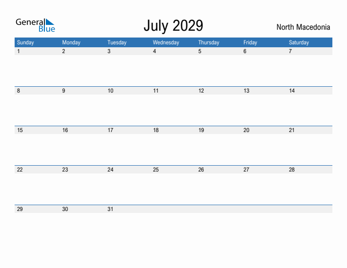 Fillable July 2029 Calendar