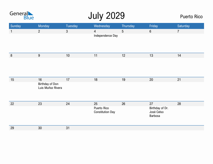 Fillable July 2029 Calendar