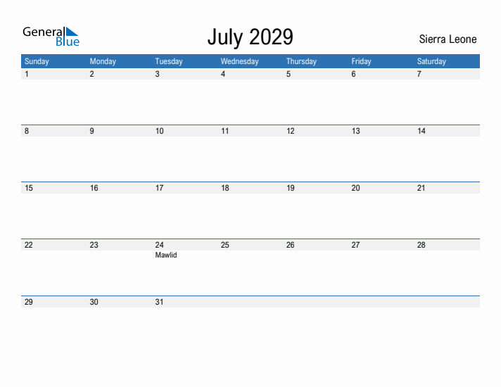 Fillable July 2029 Calendar