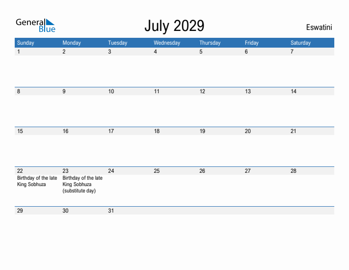 Fillable July 2029 Calendar