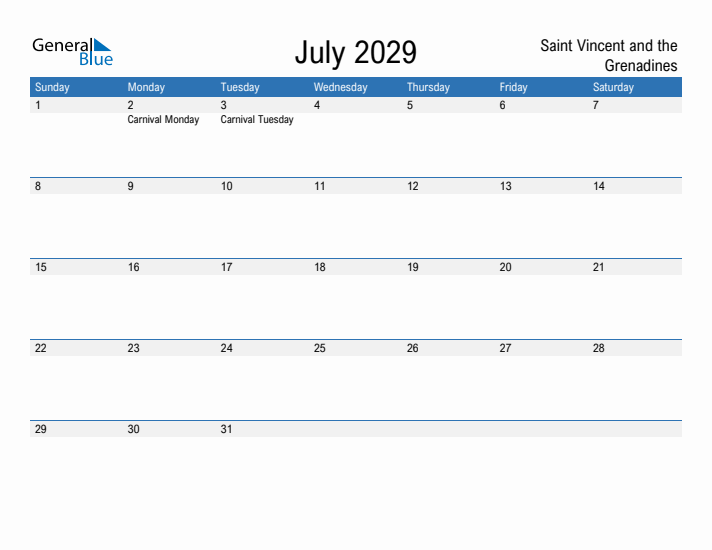Fillable July 2029 Calendar