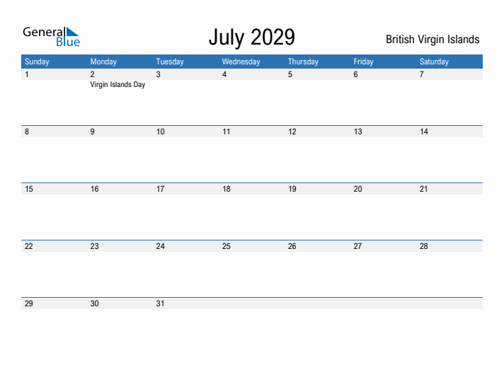Fillable July 2029 Calendar