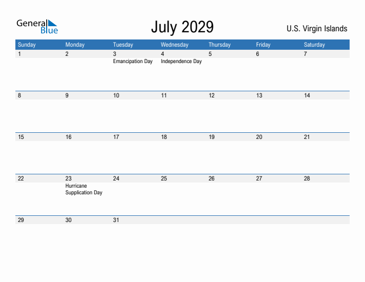 Fillable July 2029 Calendar