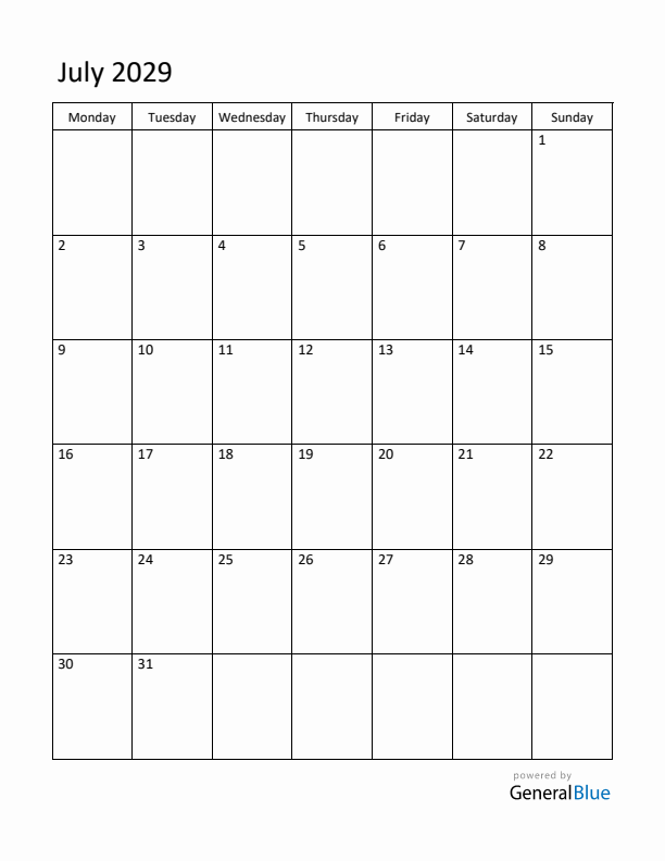 Monday Start Calendar for July 2029