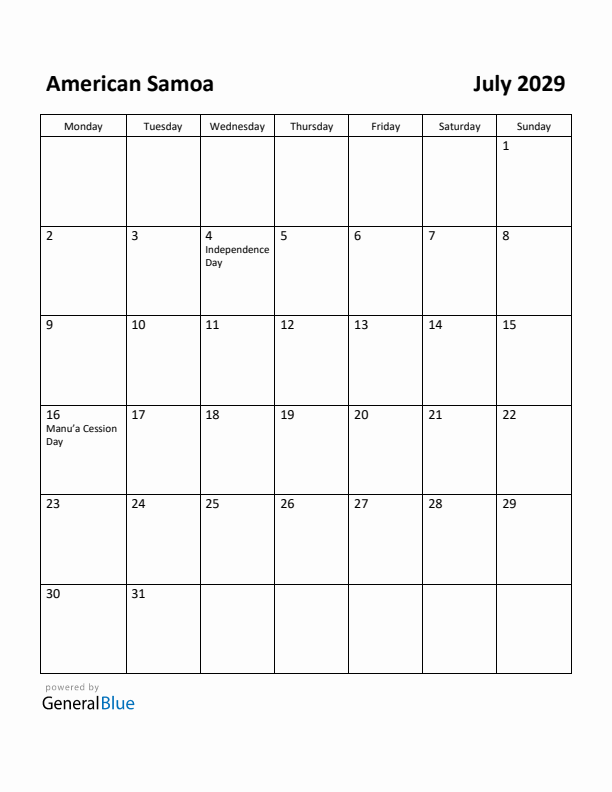 July 2029 Calendar with American Samoa Holidays