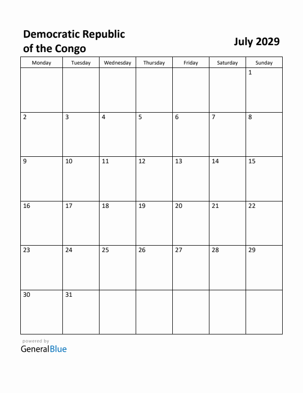July 2029 Calendar with Democratic Republic of the Congo Holidays