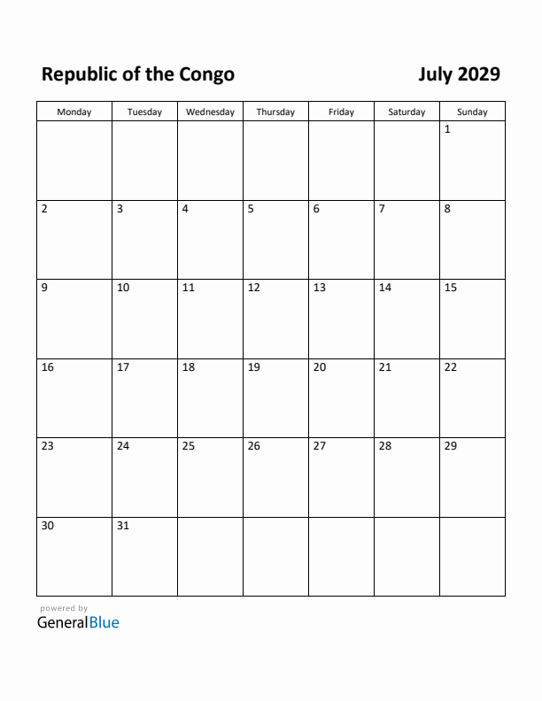 July 2029 Calendar with Republic of the Congo Holidays