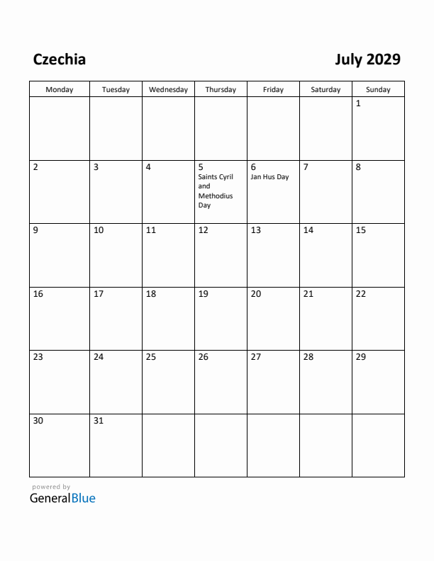 July 2029 Calendar with Czechia Holidays
