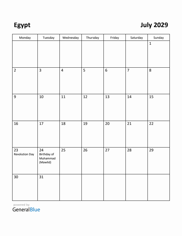 July 2029 Calendar with Egypt Holidays