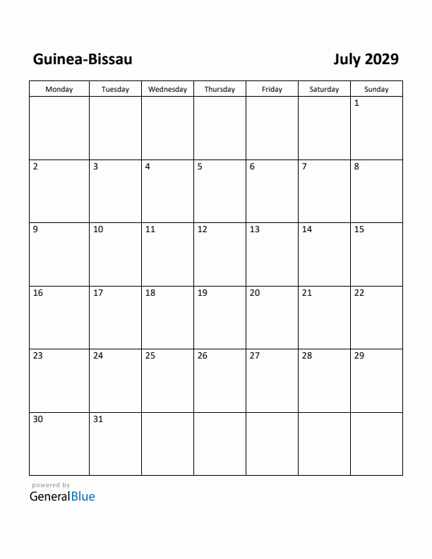 July 2029 Calendar with Guinea-Bissau Holidays