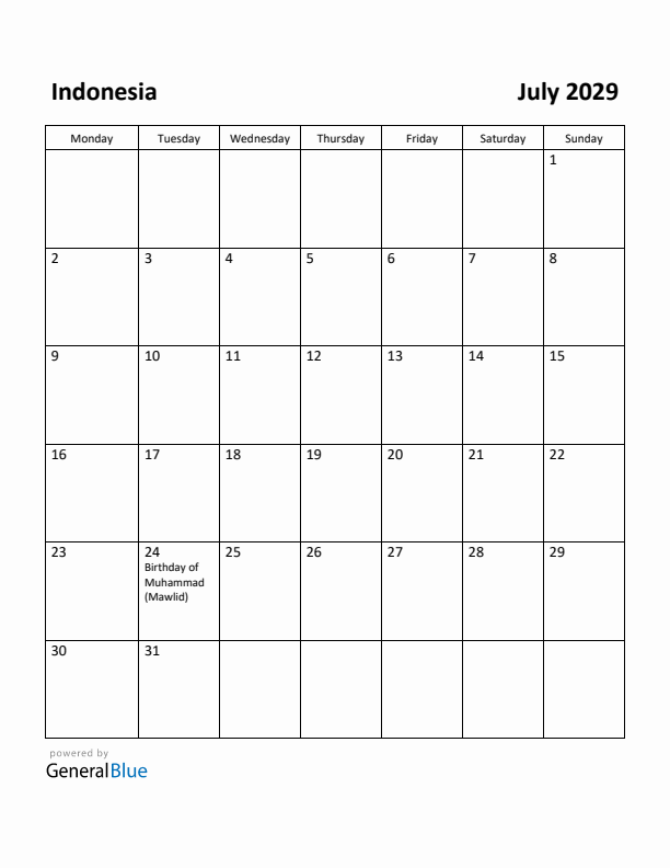 July 2029 Calendar with Indonesia Holidays