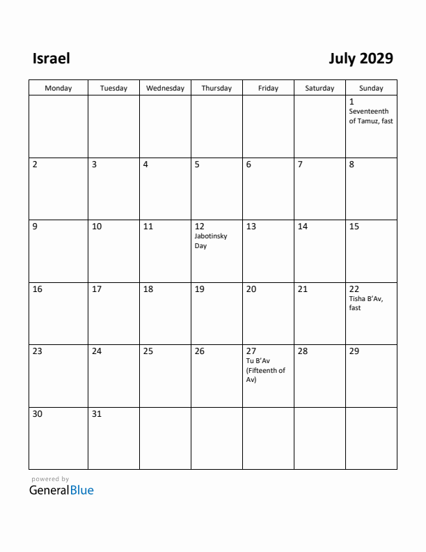July 2029 Calendar with Israel Holidays