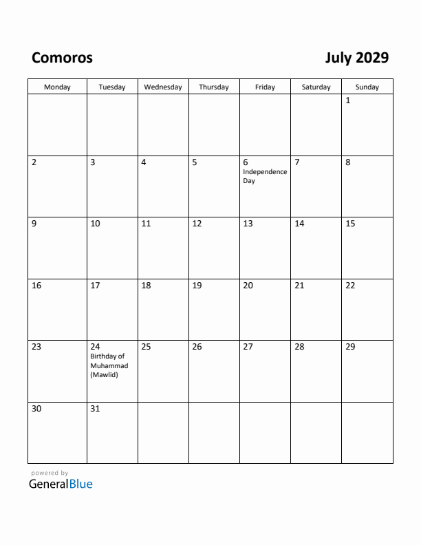 July 2029 Calendar with Comoros Holidays