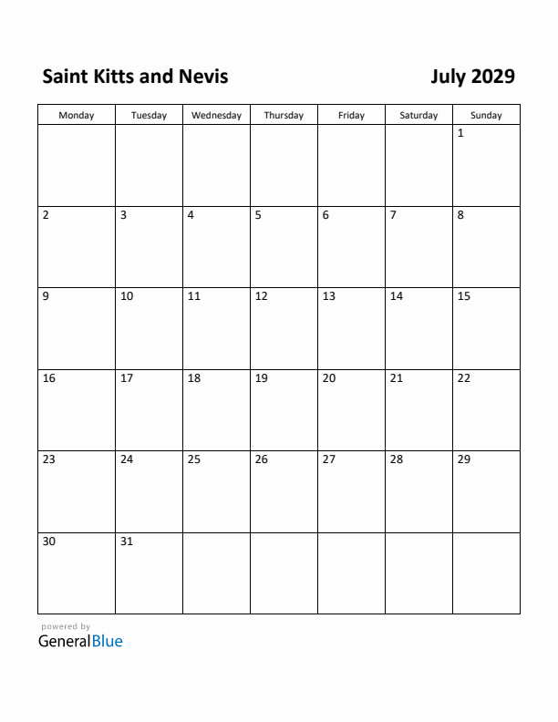 July 2029 Calendar with Saint Kitts and Nevis Holidays