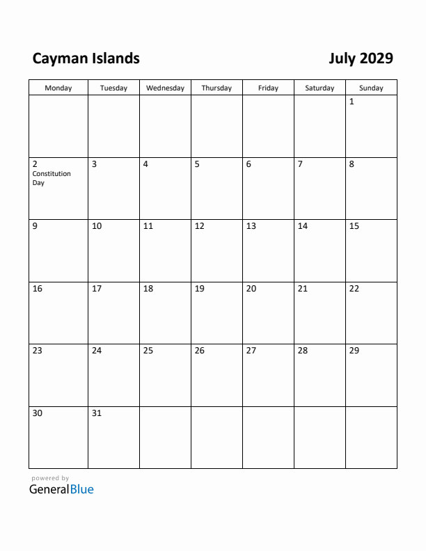 July 2029 Calendar with Cayman Islands Holidays