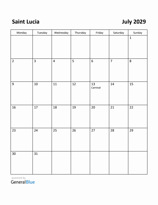 July 2029 Calendar with Saint Lucia Holidays
