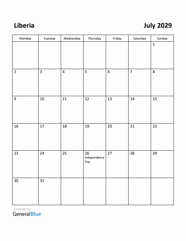 July 2029 Calendar with Liberia Holidays