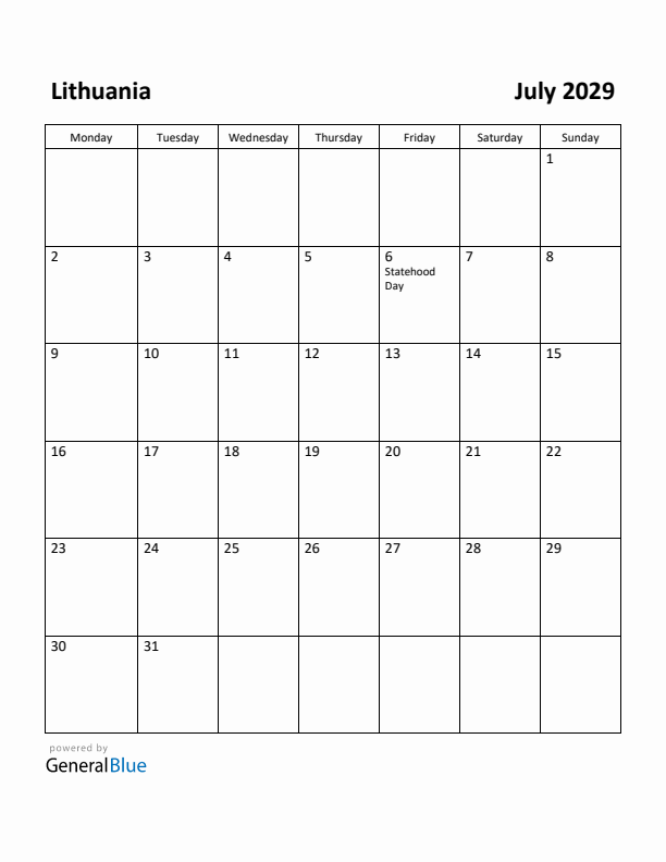 July 2029 Calendar with Lithuania Holidays