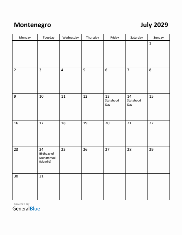July 2029 Calendar with Montenegro Holidays