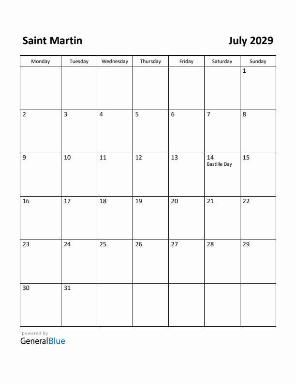July 2029 Calendar with Saint Martin Holidays