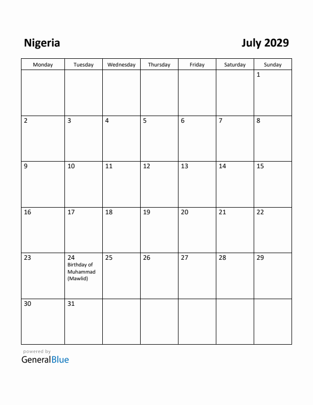 July 2029 Calendar with Nigeria Holidays