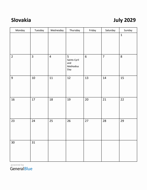July 2029 Calendar with Slovakia Holidays