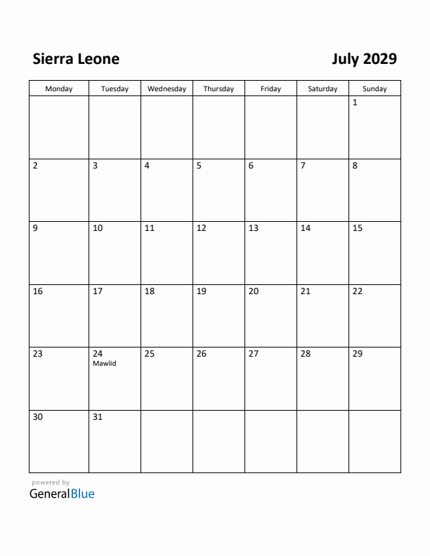 July 2029 Calendar with Sierra Leone Holidays
