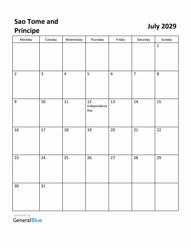 July 2029 Calendar with Sao Tome and Principe Holidays