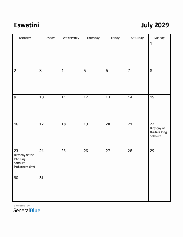July 2029 Calendar with Eswatini Holidays