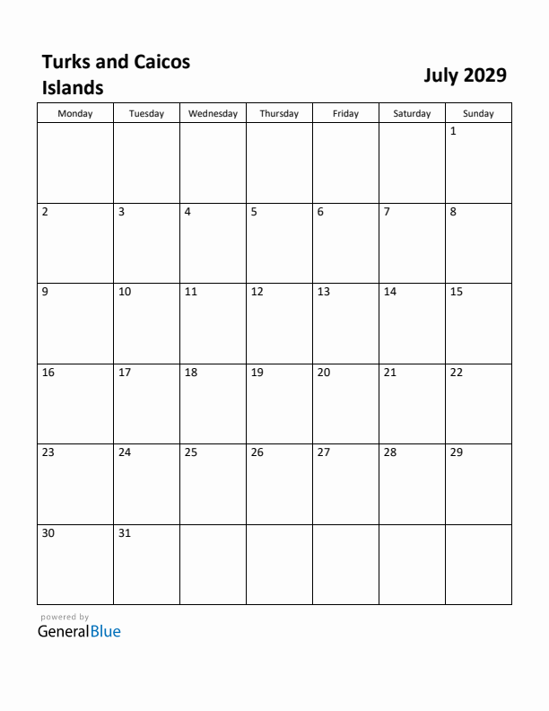 July 2029 Calendar with Turks and Caicos Islands Holidays