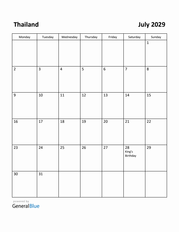 July 2029 Calendar with Thailand Holidays