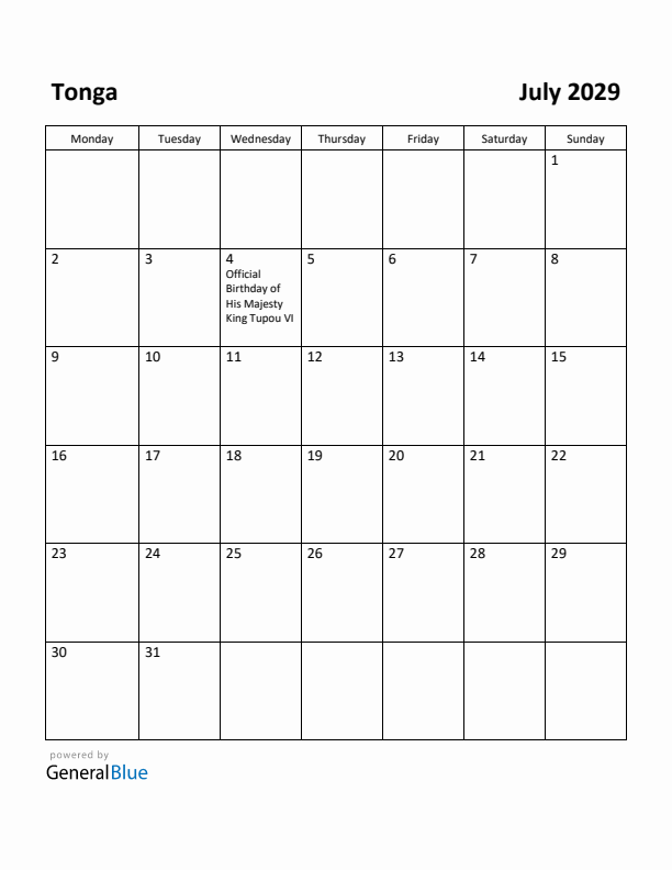 July 2029 Calendar with Tonga Holidays