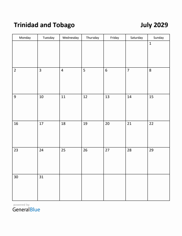 July 2029 Calendar with Trinidad and Tobago Holidays