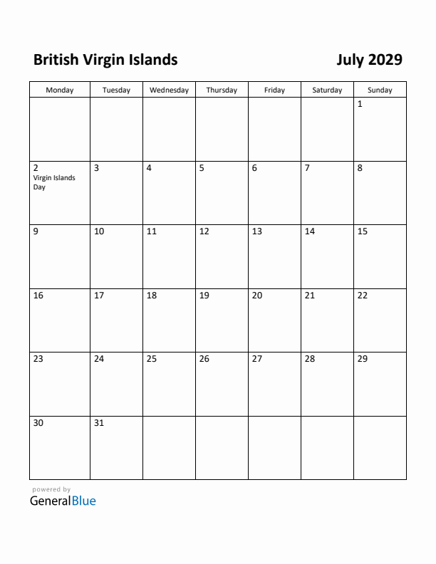 July 2029 Calendar with British Virgin Islands Holidays