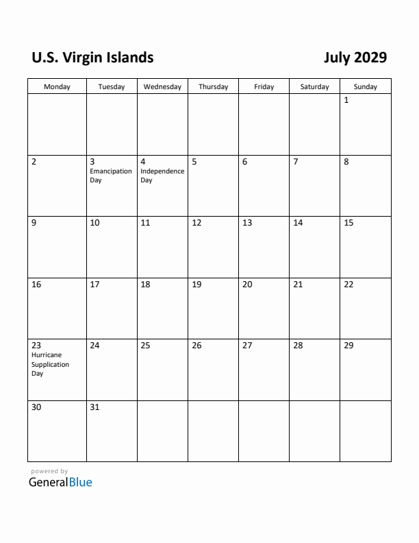 July 2029 Calendar with U.S. Virgin Islands Holidays
