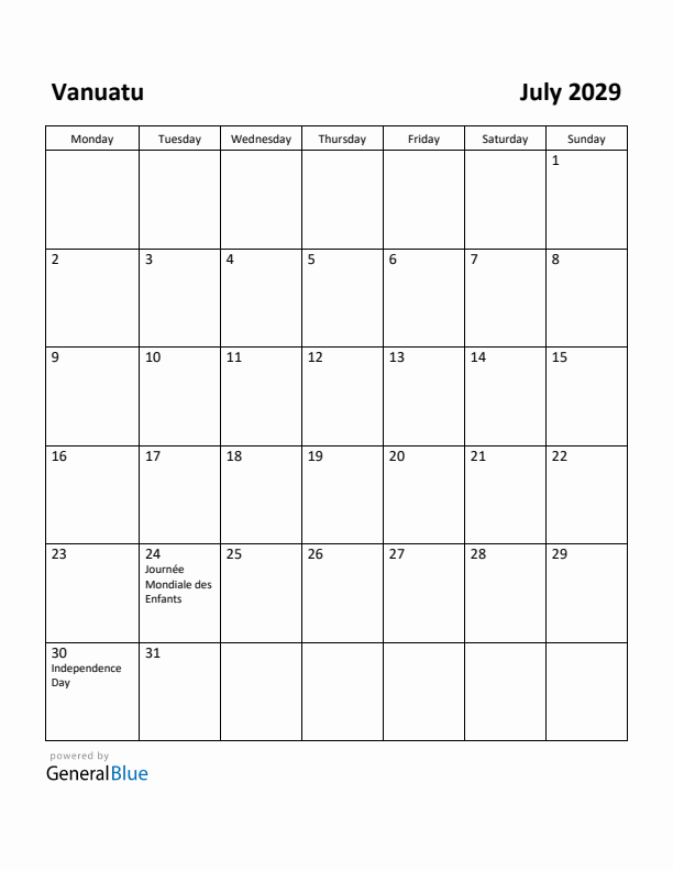 July 2029 Calendar with Vanuatu Holidays