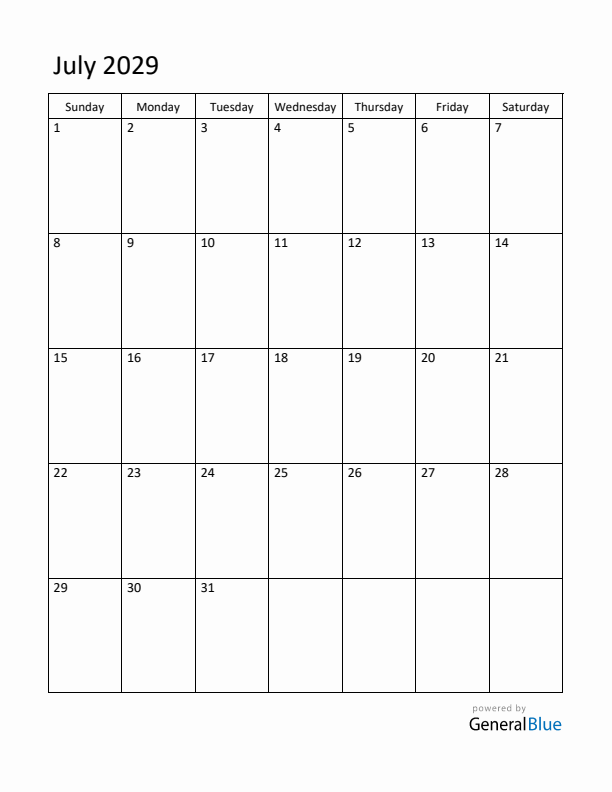 Sunday Start Calendar for July 2029