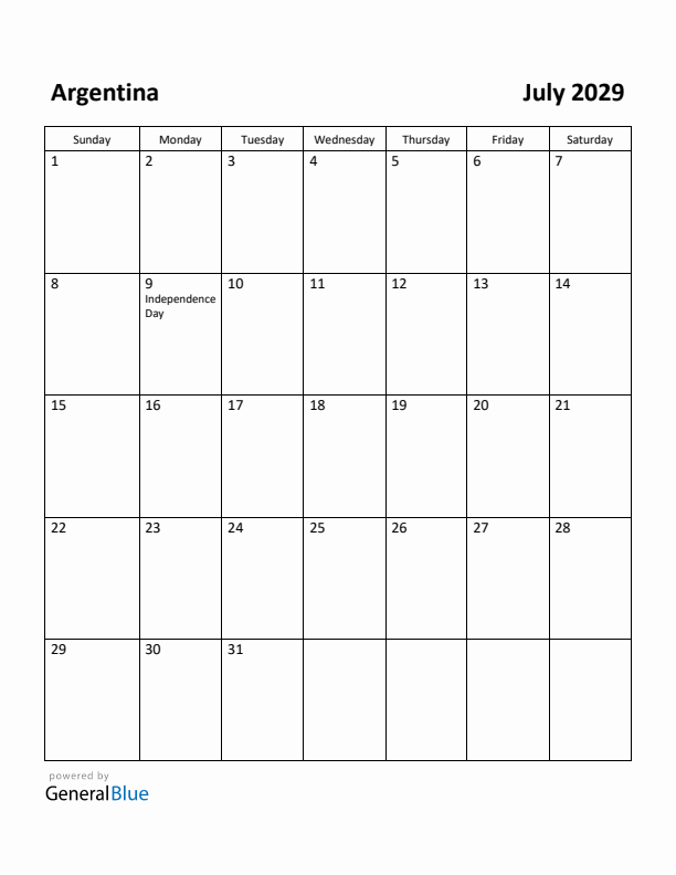 July 2029 Calendar with Argentina Holidays