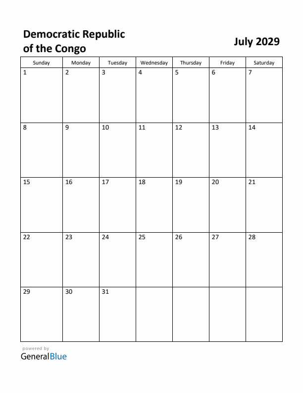 July 2029 Calendar with Democratic Republic of the Congo Holidays