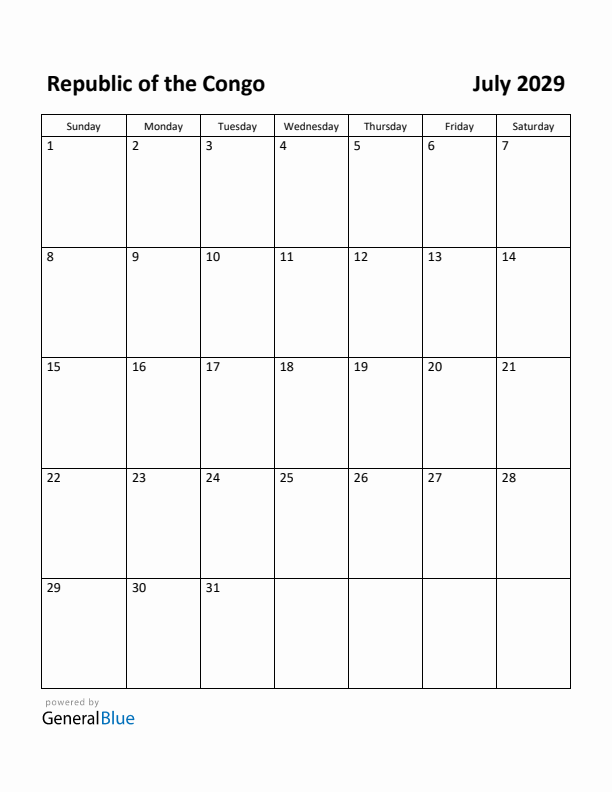 July 2029 Calendar with Republic of the Congo Holidays