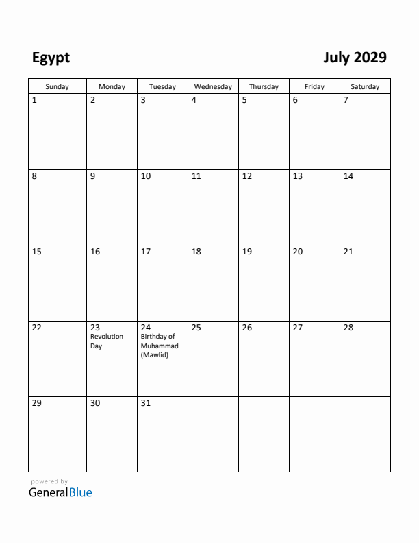 July 2029 Calendar with Egypt Holidays