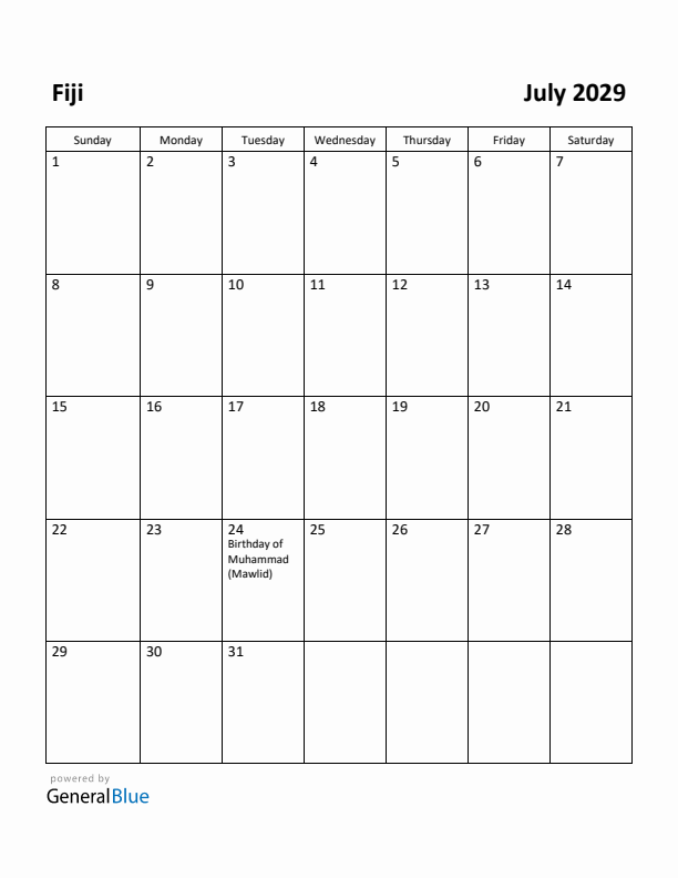 July 2029 Calendar with Fiji Holidays