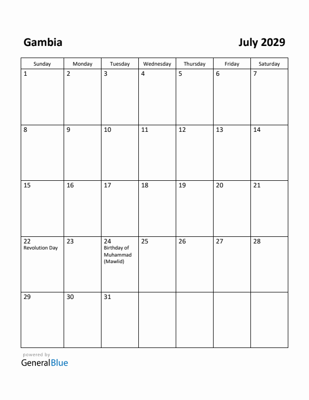 July 2029 Calendar with Gambia Holidays