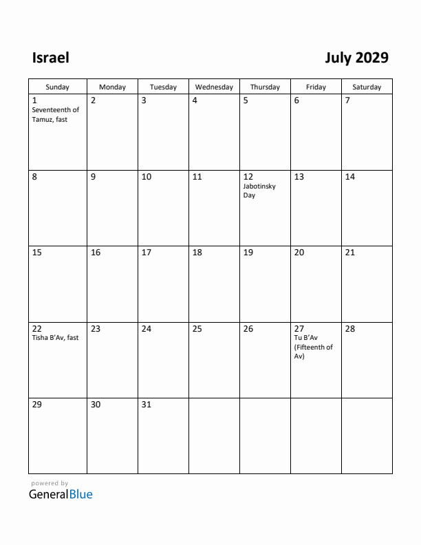 July 2029 Calendar with Israel Holidays