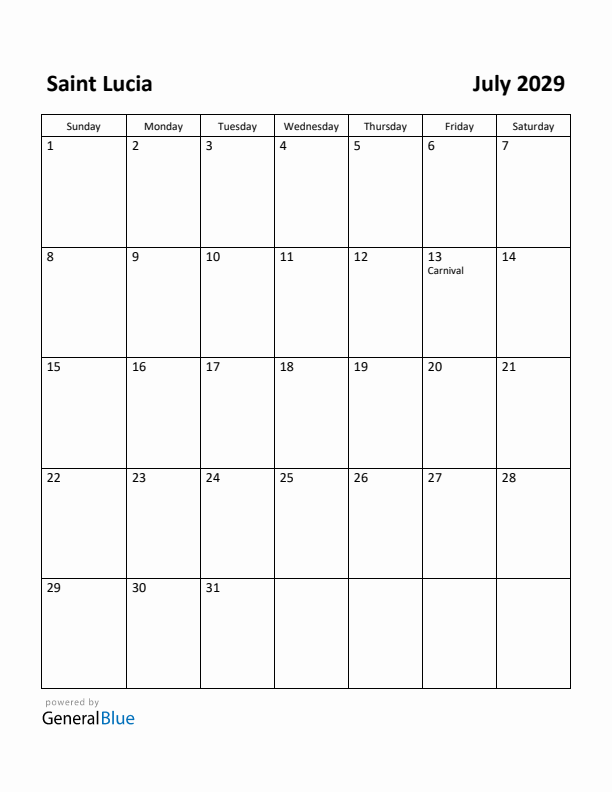 July 2029 Calendar with Saint Lucia Holidays