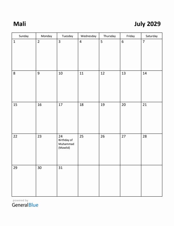 July 2029 Calendar with Mali Holidays