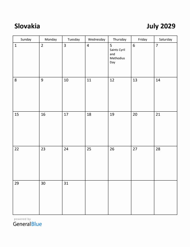 July 2029 Calendar with Slovakia Holidays